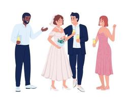 recién casados felices con amigos personajes vectoriales de color semiplano vector