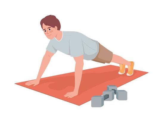 Man doing push up exercise semi flat color vector character. Editable figure. Full body people on white. Training home simple cartoon style illustration for web graphic design and animation