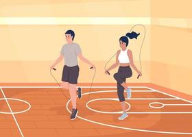 Doing jumping rope flat color vector illustration. Cardio workout. Training together in gym. Fitness activities. Fully editable 2D simple cartoon characters with sports hall on background