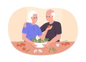 Elderly man and woman at kitchen 2D vector isolated illustration. Make meal for family dinner flat characters on cartoon background. Colorful editable scene for mobile, website, presentation