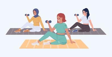 mujeres haciendo ejercicio en el gimnasio de carácter vectorial de color semiplano. figura editable. personas de cuerpo completo en blanco. sesión de entrenamiento ilustración de estilo de dibujos animados simple para diseño gráfico web y animación vector