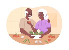 Senior couple cook dinner in kitchen 2D vector isolated illustration. Spend time together flat characters on cartoon background. Colorful editable scene for mobile, website, presentation