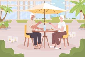 Senior man and woman have dinner in resort cafe flat color vector illustration. Ageless adventures. Older couple at restaurant. Fully editable 2D simple cartoon characters with cityscape on background