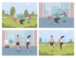 Exercising together flat color vector illustration set. Seniors workout in gym. Training outside. Doing jumping rope. Fully editable 2D simple cartoon characters with sport club on background