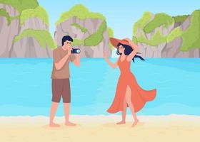 Young man taking photos of wife on beach flat color vector illustration. Summer vacation. Tropical holidays. Travel together. Fully editable 2D simple cartoon characters with landscape on background