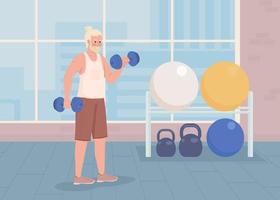 Man demonstrating biceps flat color vector illustration. Arms workout. Training in sport club. Exercise with dumbbell. Fully editable 2D simple cartoon characters with gym on background