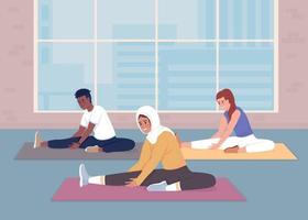 Workout in sport club flat color vector illustration. Stretching session. Yoga exercises. Fitness activities. Improve flexibility. Fully editable 2D simple cartoon characters with gym on background