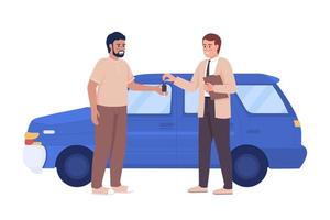 Man buying car 2D vector isolated illustration. Purchasing auto. Male seller consultant flat character on cartoon background. Colorful editable scene for mobile, website, presentation