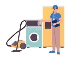 Household appliance consultant 2D vector isolated illustration. Domestic electronic techniques. Male flat character on cartoon background. Colorful editable scene for mobile, website, presentation