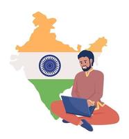 empleado masculino de la ilustración de vector de concepto plano de india. trabajador en línea. personaje de dibujos animados 2d editable en blanco para diseño web. idea creativa de lugar de trabajo remoto para sitio web, móvil, presentación