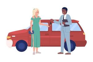 mujer comprando coche inmobiliario 2d vector ilustración aislada. comprar un personaje plano de una camioneta en el fondo de dibujos animados. colorida escena editable para móvil, sitio web, presentación