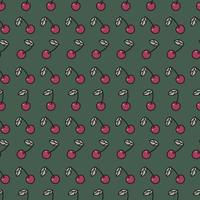 Fondo de vector de patrón de repetición de cereza verde oscuro y rojo.