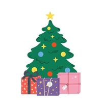 Vector illustration with christmas tree and gift boxes. Presents under the fir tree. Christmas and new year celebration.