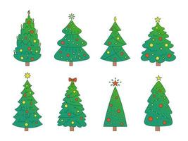 Vector New Year set with christmas trees. Evergreen trees with balls, stars and garlands. Gradient fir trees for Christmas.