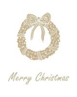 Christmas card in gold and white colors. Vector illustration with christmas wreath. Simple postcard for winter celebration.