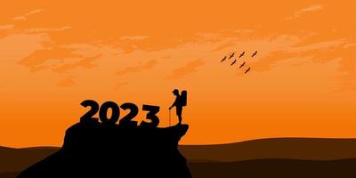 concepto de año nuevo 2023. el hombre se encuentra con el amanecer en las montañas para el nuevo año 2023. nueva motivación de comienzo mensaje de cita inspiradora en el hombre silueta vector