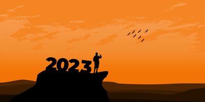 concepto de año nuevo 2023. el hombre se encuentra con el amanecer en las montañas para el nuevo año 2023. nueva motivación de comienzo mensaje de cita inspiradora en el hombre silueta vector