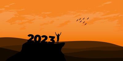 concepto de año nuevo 2023. el hombre se encuentra con el amanecer en las montañas para el nuevo año 2023. nueva motivación de comienzo mensaje de cita inspiradora en el hombre silueta vector