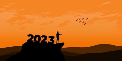 concepto de año nuevo 2023. el hombre se encuentra con el amanecer en las montañas para el nuevo año 2023. nueva motivación de comienzo mensaje de cita inspiradora en el hombre silueta vector