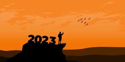 concepto de año nuevo 2023. el hombre se encuentra con el amanecer en las montañas para el nuevo año 2023. nueva motivación de comienzo mensaje de cita inspiradora en el hombre silueta vector