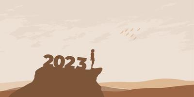 concepto de año nuevo 2023. el hombre se encuentra con el amanecer en las montañas para el nuevo año 2023. nueva motivación de comienzo mensaje de cita inspiradora en el hombre silueta vector