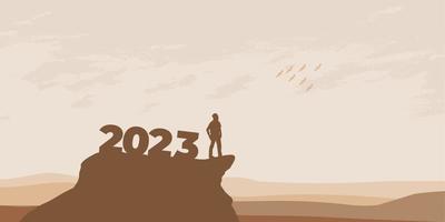 concepto de año nuevo 2023. el hombre se encuentra con el amanecer en las montañas para el nuevo año 2023. nueva motivación de comienzo mensaje de cita inspiradora en el hombre silueta vector