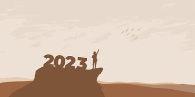 concepto de año nuevo 2023. el hombre se encuentra con el amanecer en las montañas para el nuevo año 2023. nueva motivación de comienzo mensaje de cita inspiradora en el hombre silueta vector