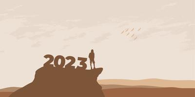 concepto de año nuevo 2023. el hombre se encuentra con el amanecer en las montañas para el nuevo año 2023. nueva motivación de comienzo mensaje de cita inspiradora en el hombre silueta vector