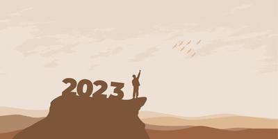 concepto de año nuevo 2023. el hombre se encuentra con el amanecer en las montañas para el nuevo año 2023. nueva motivación de comienzo mensaje de cita inspiradora en el hombre silueta vector