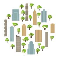 Modern buildings and skyscrapers with green trees in circle. Vector illustration