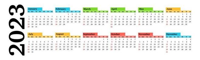 Horizontal calendar for 2023 isolated on a white background. Sunday to Monday, business template. Vector illustration