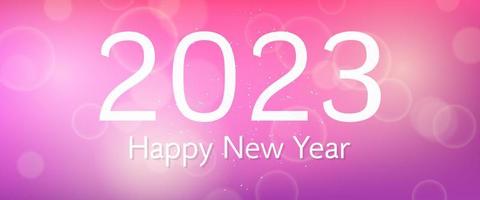 Happy new year 2023 incription on blurred background. White numbers on backdrop with confetti, bokeh and lens flare. Vector illustration