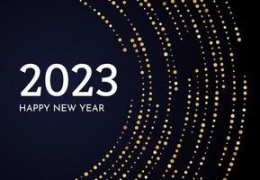 2023 Happy New Year of gold glitter pattern in circle form. Abstract gold glowing halftone dotted background for Christmas holiday greeting card on dark background. Vector illustration