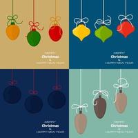 Set of four Merry Christmas and Happy New Year backgrounds with christmas balls. Vector background for your greeting cards, invitations, festive posters.