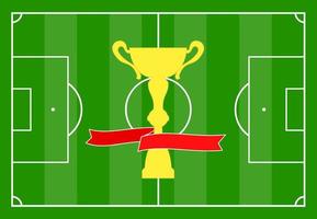 Football field with green grass and with a gold cup with a red ribbon. Vector illustration