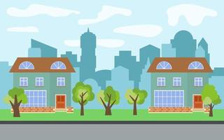 ciudad vectorial con dos casas de dibujos animados de dos pisos y árboles verdes en el día soleado. paisaje urbano de verano. vista de la calle con paisaje urbano en un fondo vector