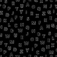 Doodle alphabet seamless background. Endless vector pattern with white letters on a black background.