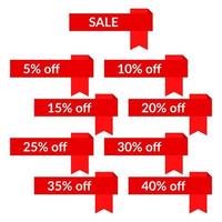 Set of red sale ribbons with different discount values. Sale label template. Vector illustration