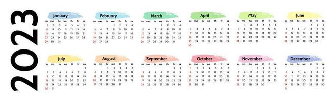 Horizontal calendar for 2023 isolated on a white background. Sunday to Monday, business template. Vector illustration