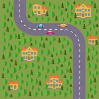 Plan of village. Landscape with the road, forest, lake, cars and houses. Vector illustration