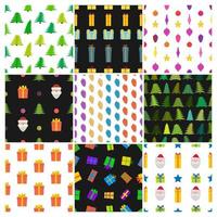 Set of nine Christmas Seamless Patterns with icons in flat style. Vector illustration