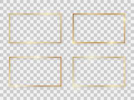 Set of four gold shiny 16x9 rectangular frames with glowing effects and shadows on transparent background. Vector illustration