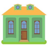 Private house with a yellow roof and green walls on a white background. Vector illustration.
