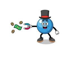 ilustración de personaje de arándano atrapando dinero con un imán vector