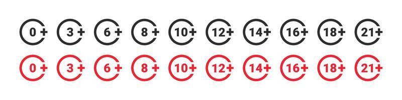 Age restriction signs. Mark age limit. Recommended age limit. Vector icons