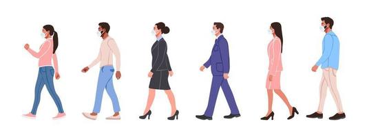 personas. gente caminando con máscaras médicas. personas dibujadas en un estilo de dibujos animados planos. ilustración vectorial