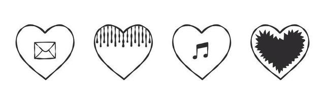Heart icon collection. Hearts drawn by hand with various signs. Vector images