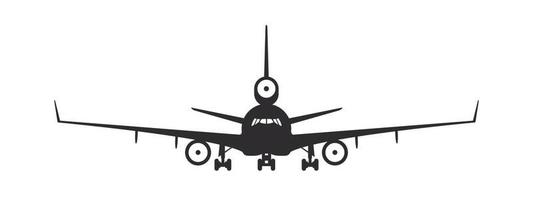Airplane. Plane with three engines. Airplane silhouette front view. Flight transport symbol. Vector image