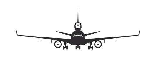 Airplane. Plane with three engines. Airplane silhouette front view. Flight transport symbol. Vector image