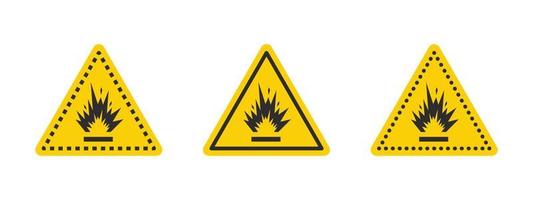 Blasting area caution warning sign. Warning sign explosives liquids or materials. Explosives substances icons set. Vector icons